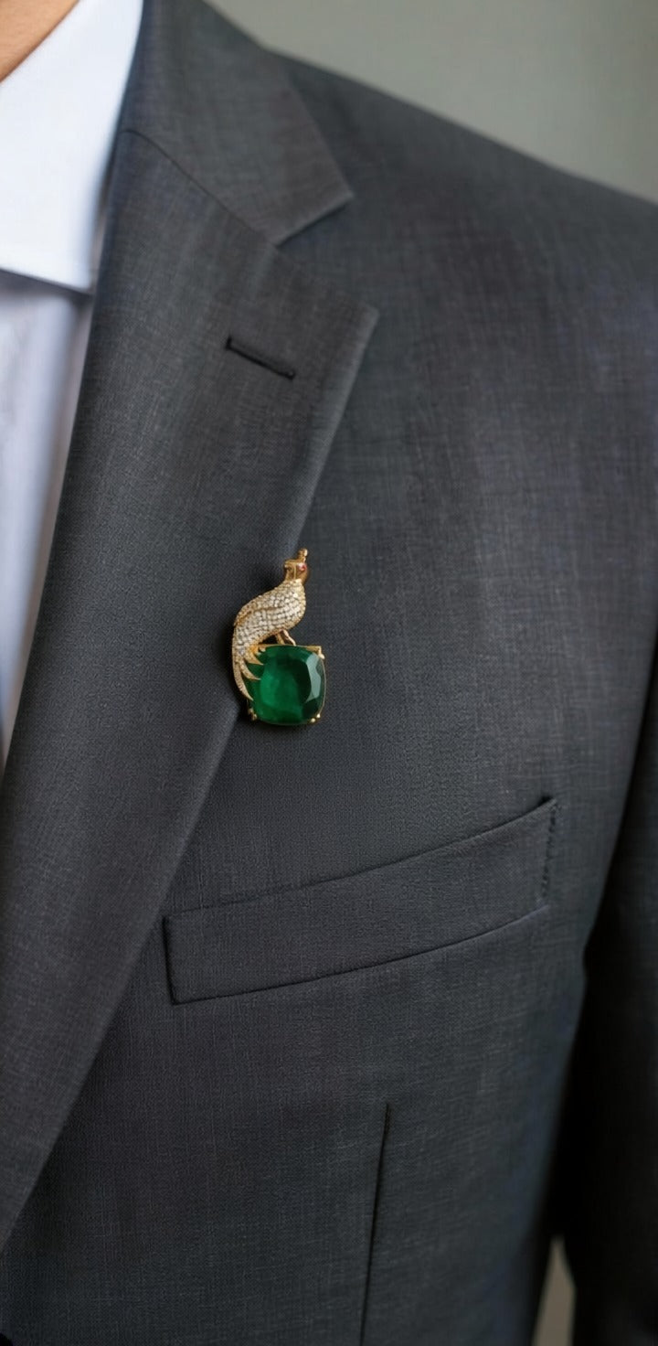 Flying Peacock Men's Regal Bird Brooch - Emerald Tone - QUEENS JEWELS