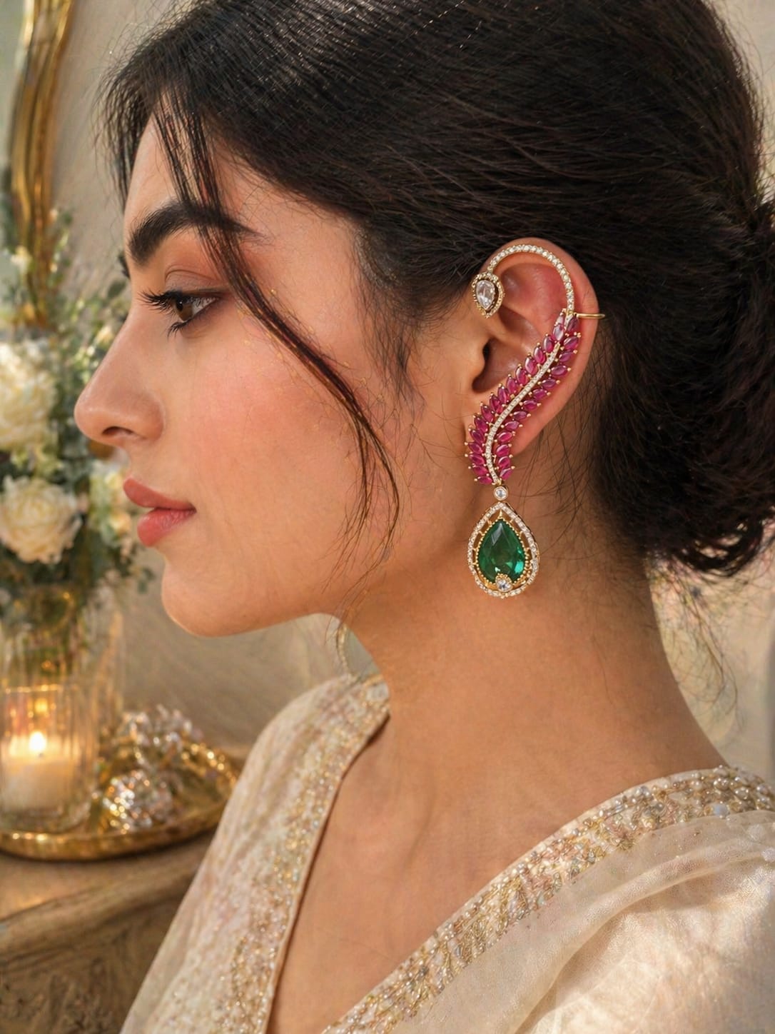 Emerald American Diamond Stud Earrings - QUEENS JEWELS 