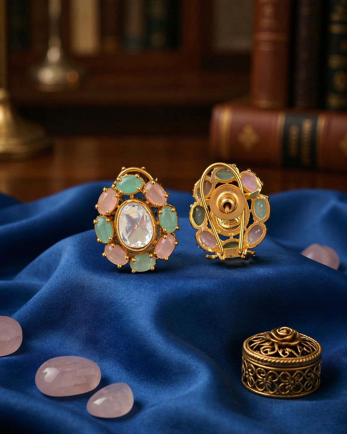Mint Blush Noor Oval Polki Lookalike Studs Earrings - QUEENS JEWELS 