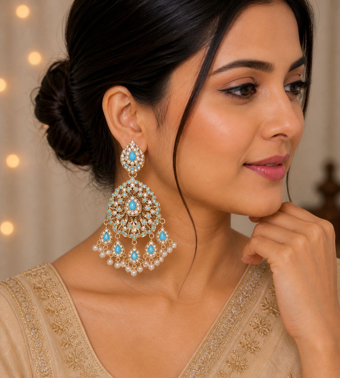 Aura Jadau Chaandbali Earrings - Feroza - QUEENS JEWELS 