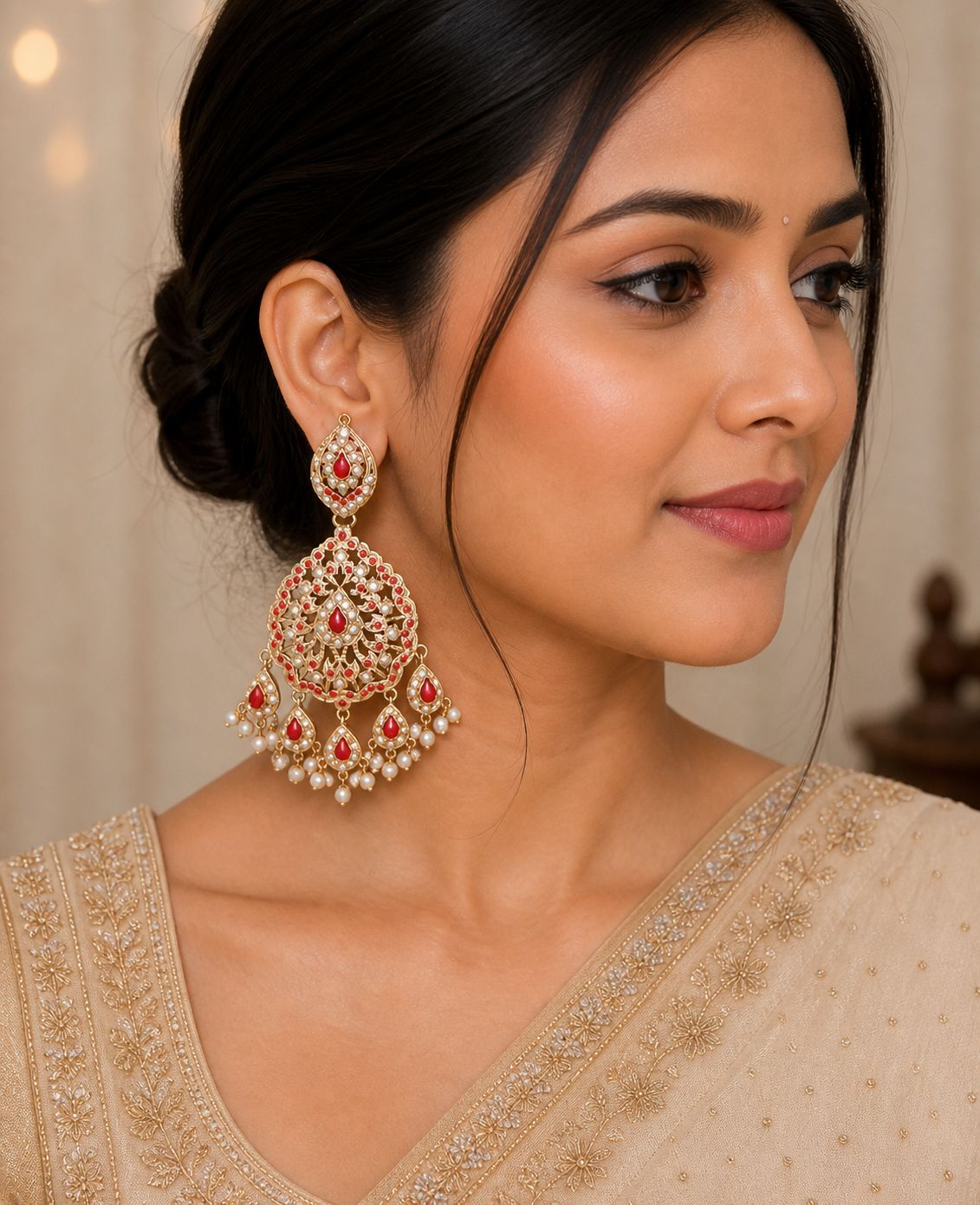 Aura Jadau Chaandbali Earrings - Coral - QUEENS JEWELS 