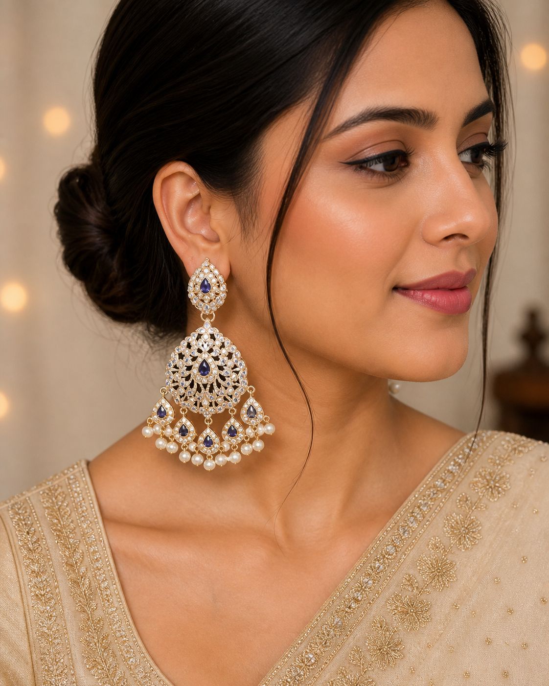 Aura Jadau Chaandbali Earrings - Purple - QUEENS JEWELS 