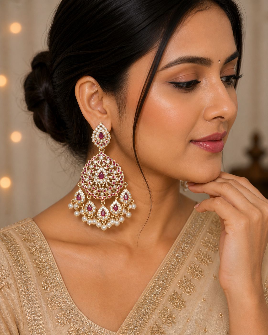 Aura Jadau Chaandbali Earrings - Red - QUEENS JEWELS 