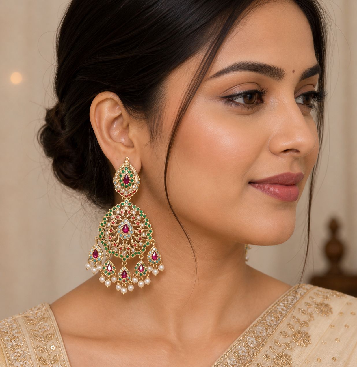 Aura Jadau Chaandbali Earrings - Navratan - QUEENS JEWELS 
