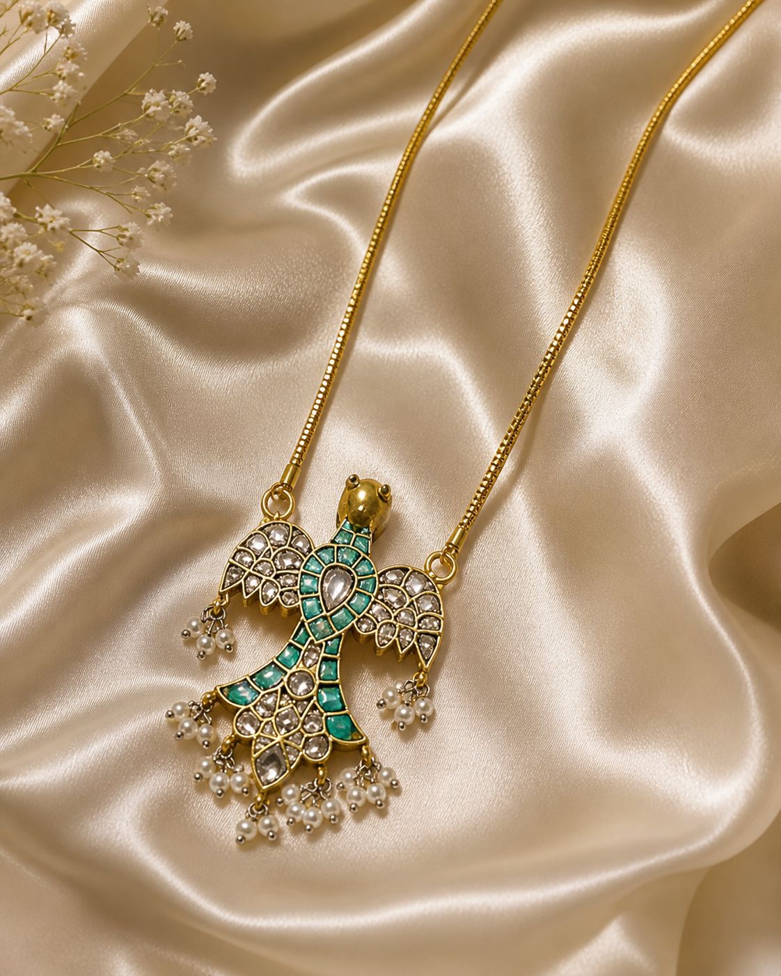Turquoise Blue Kundan Bird Necklace - QUEENS JEWELS 