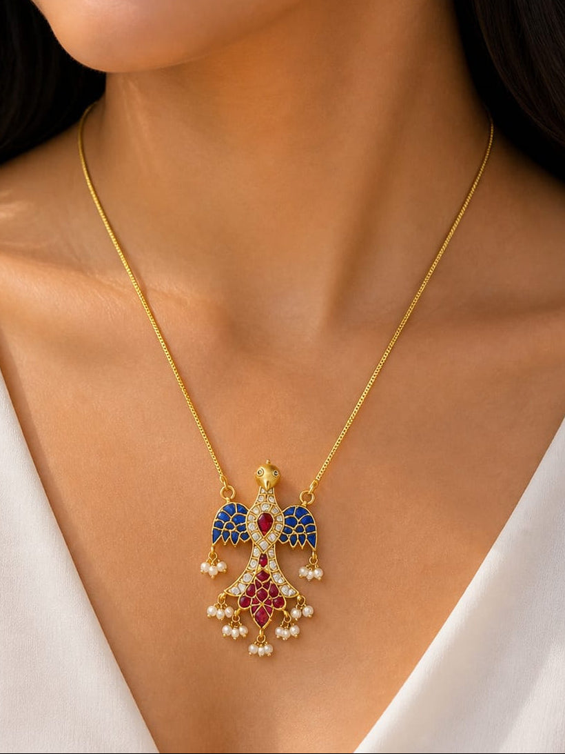 Multicolor Kundan Bird Necklace (Royal Blue & Ruby Red) - QUEENS JEWELS 