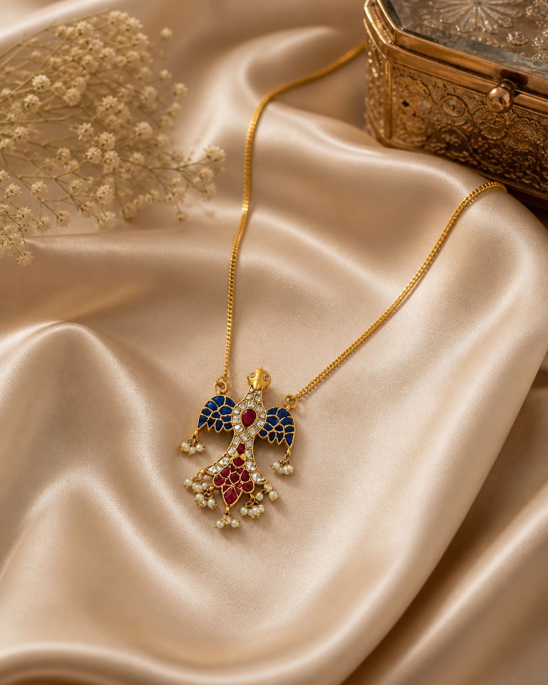 Multicolor Kundan Bird Necklace (Royal Blue & Ruby Red) - QUEENS JEWELS 