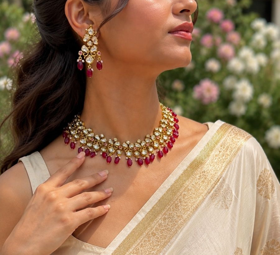 Rani Ruby Kundan Choker set with earrings-a