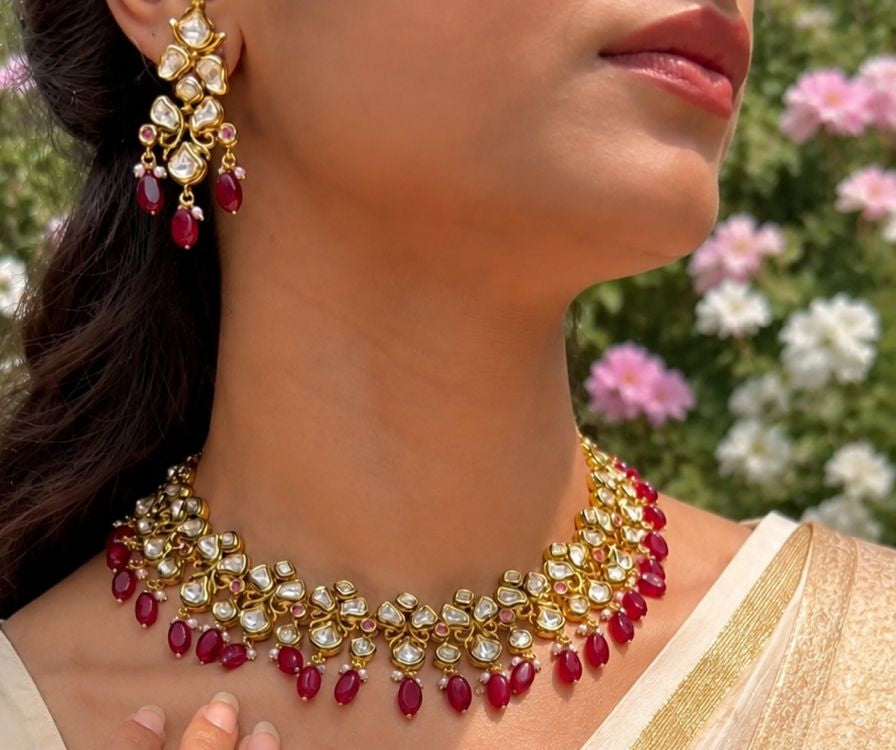 Rani Ruby Kundan Choker set with earrings