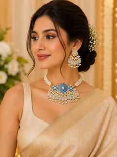 Aqua Pearl Kundan Choker set with Earrings - QUEENS JEWELS 