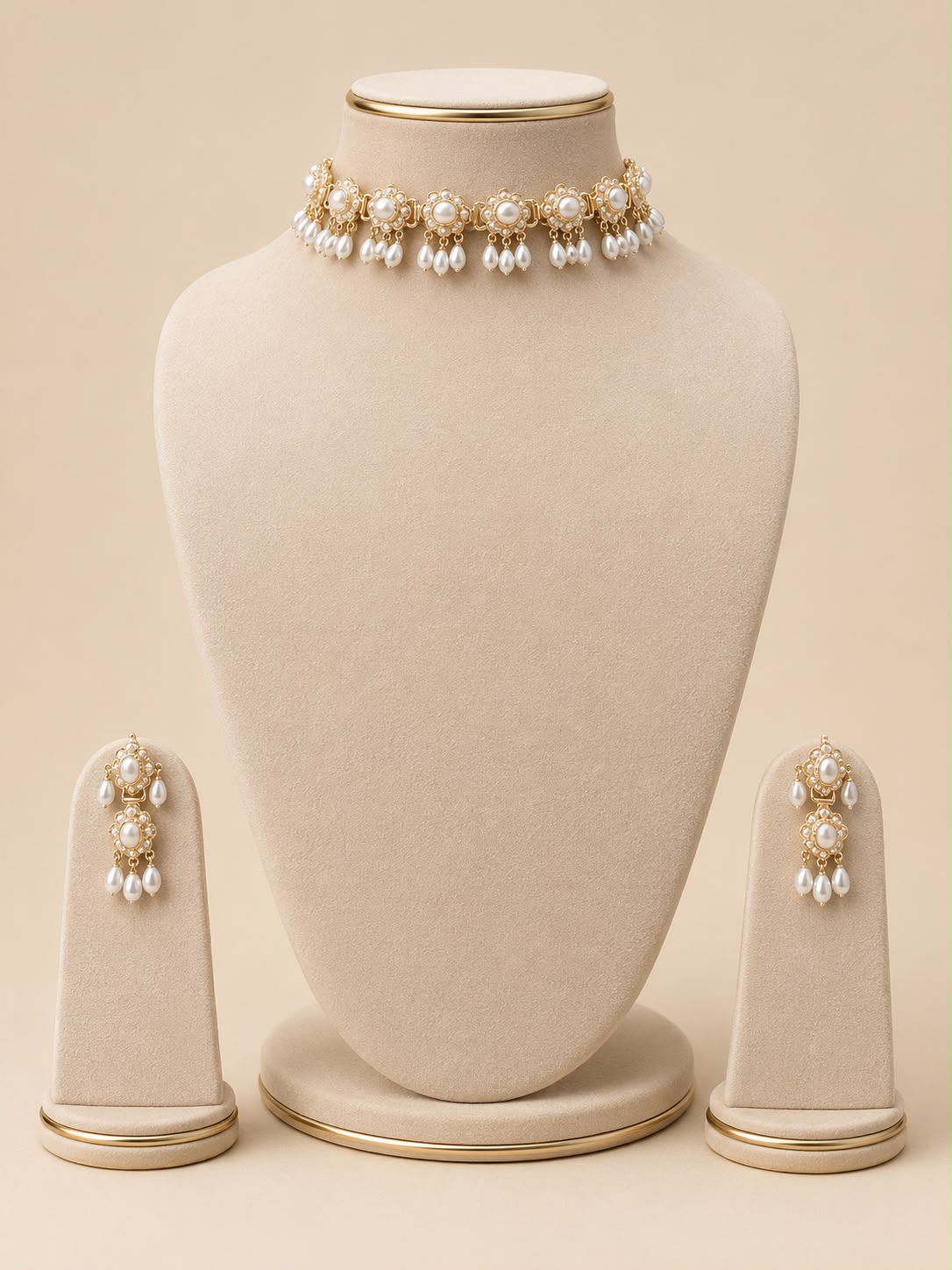 Ahalya Jadau Choker with Earrings (Necklace and Earrings Set) - Pearl white - QUEENS JEWELS 