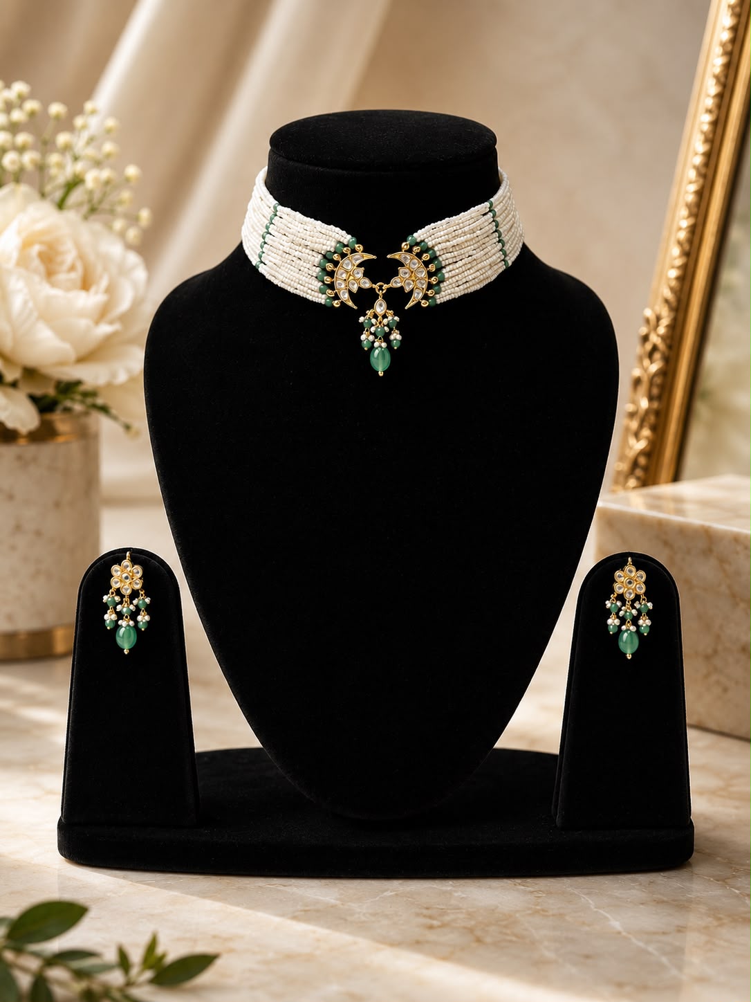 Noor-e-Chand Kundan Choker Set - QUEENS JEWELS 