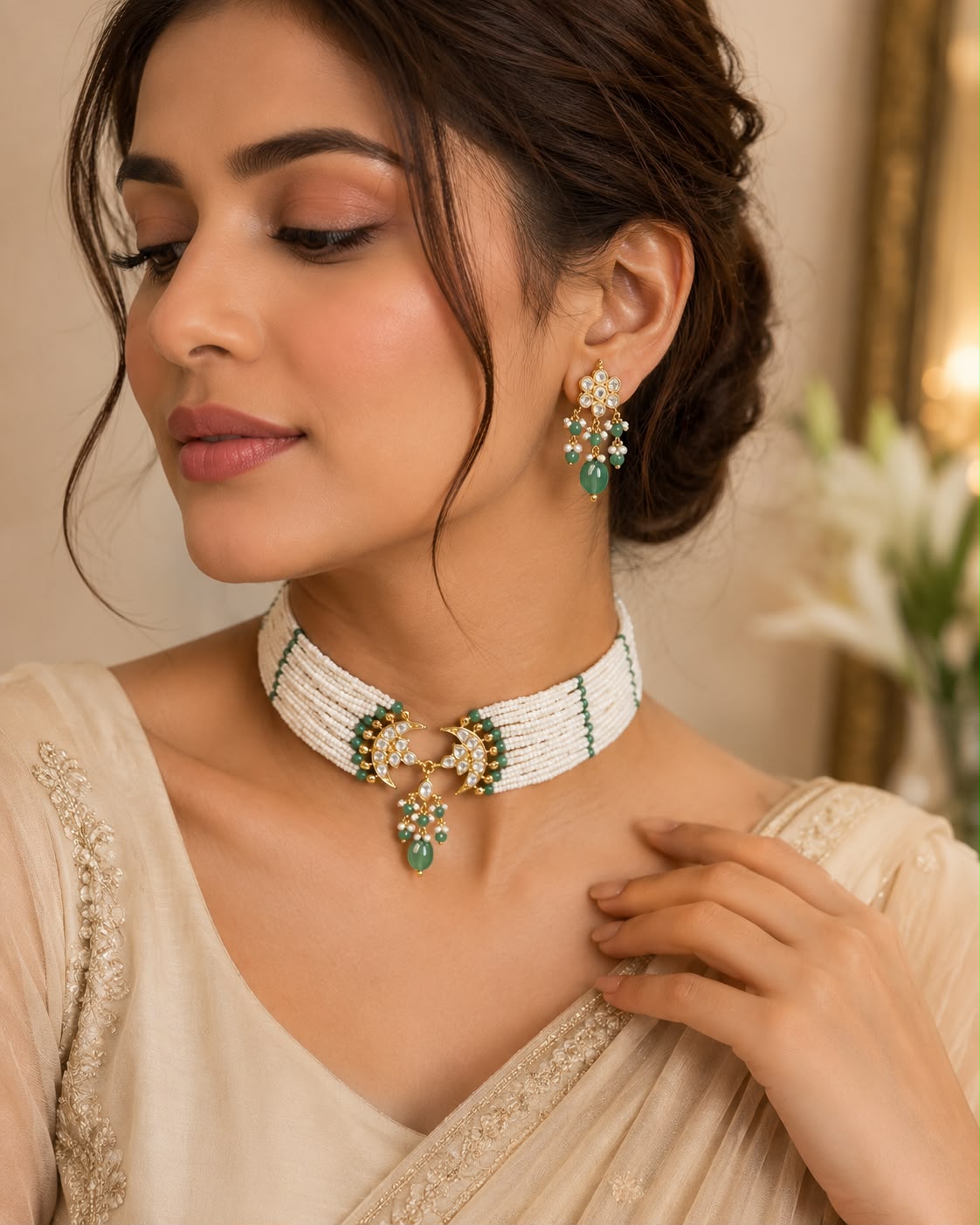 Noor-e-Chand Kundan Choker Set - QUEENS JEWELS 