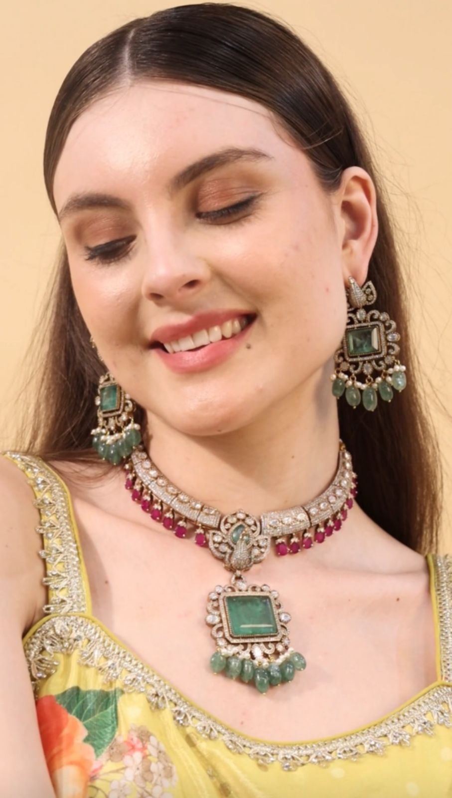Bridesmaid Emerald Choker Set with Chaandbalis - QUEENS JEWELS