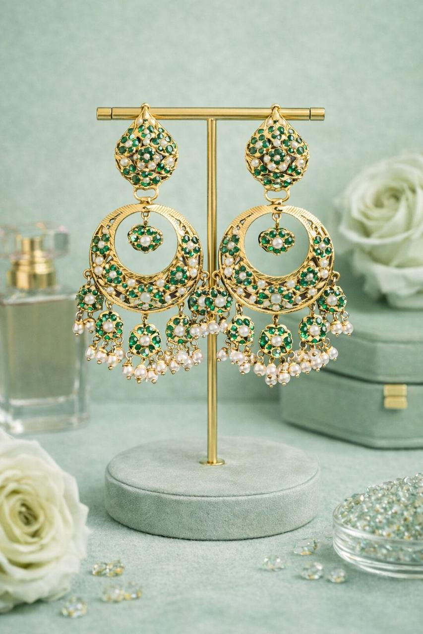 Noor Jadau Emerald Chandbali Earrings - QUEENS JEWELS 