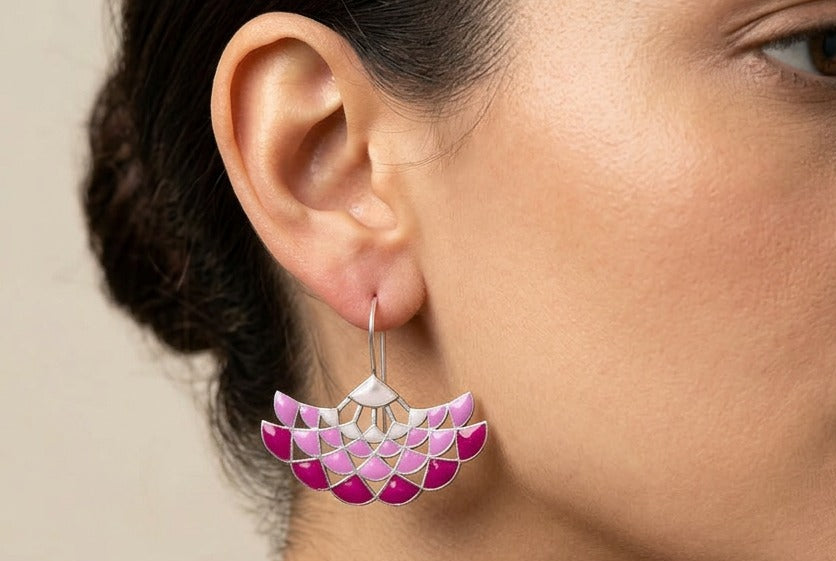 Meenakari Pink Petal Waves Earrings - QUEENS JEWELS 
