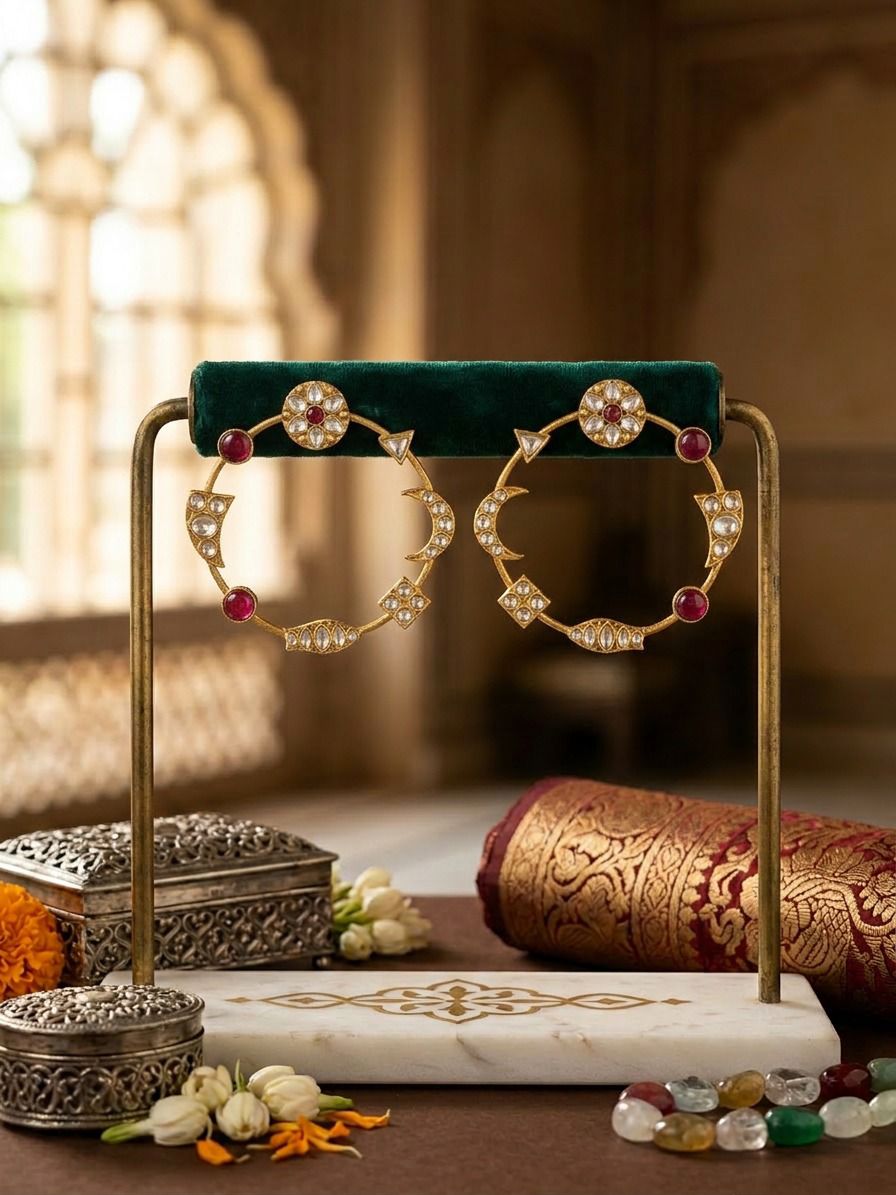 Ruby Red Noor Kundan Chakra Earrings - QUEENS JEWELS 