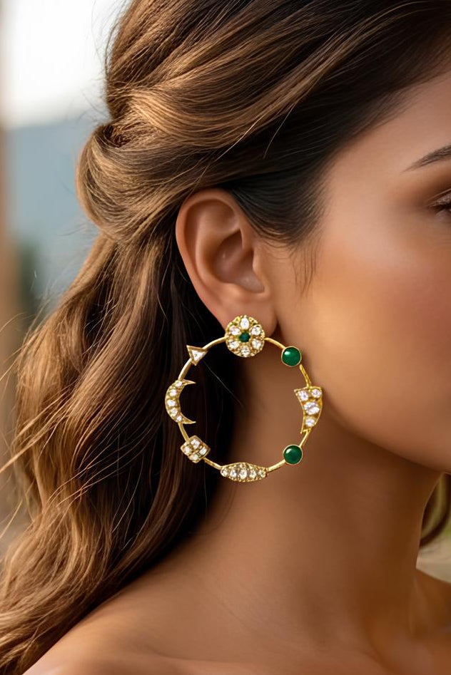 Emerald Noor Kundan Chakra Earrings - QUEENS JEWELS 