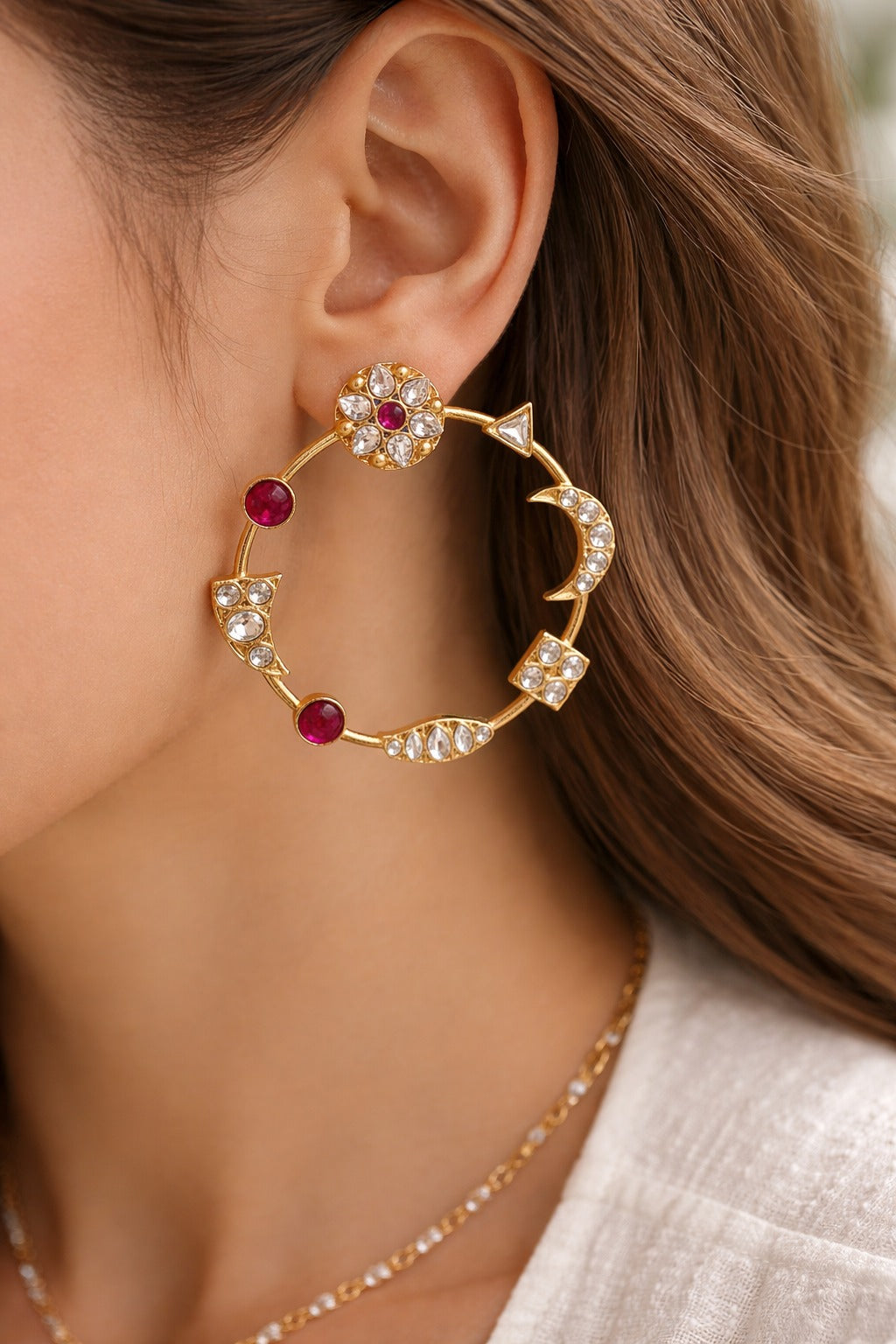Ruby Red Noor Kundan Chakra Earrings - QUEENS JEWELS 