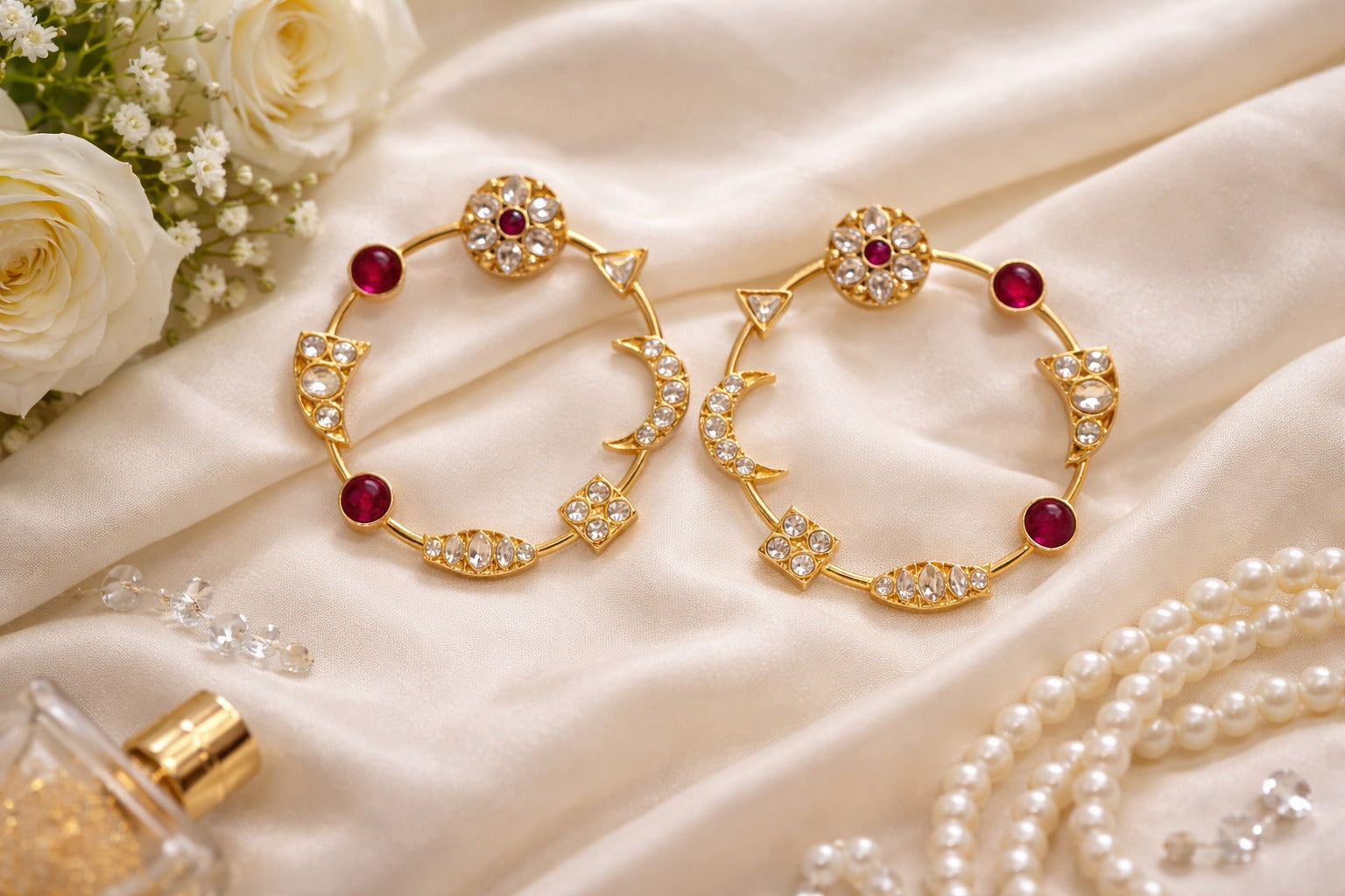 Ruby Red Noor Kundan Chakra Earrings - QUEENS JEWELS 