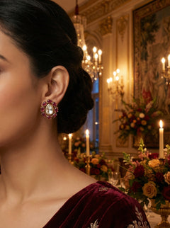 Ruby Noor Oval Polki looking Studs Earrings - QUEENS JEWELS 