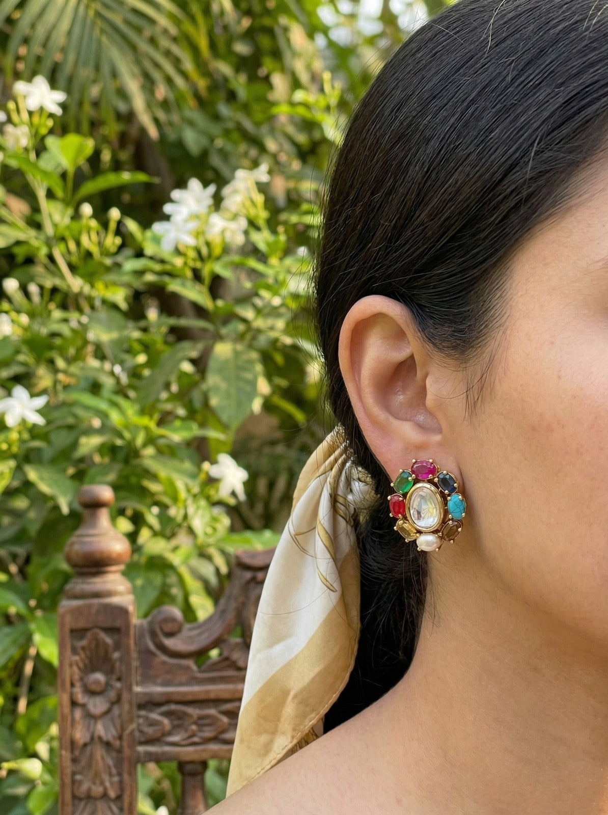 Multicolor Noor Oval Polki Lookalike Studs Earrings - QUEENS JEWELS