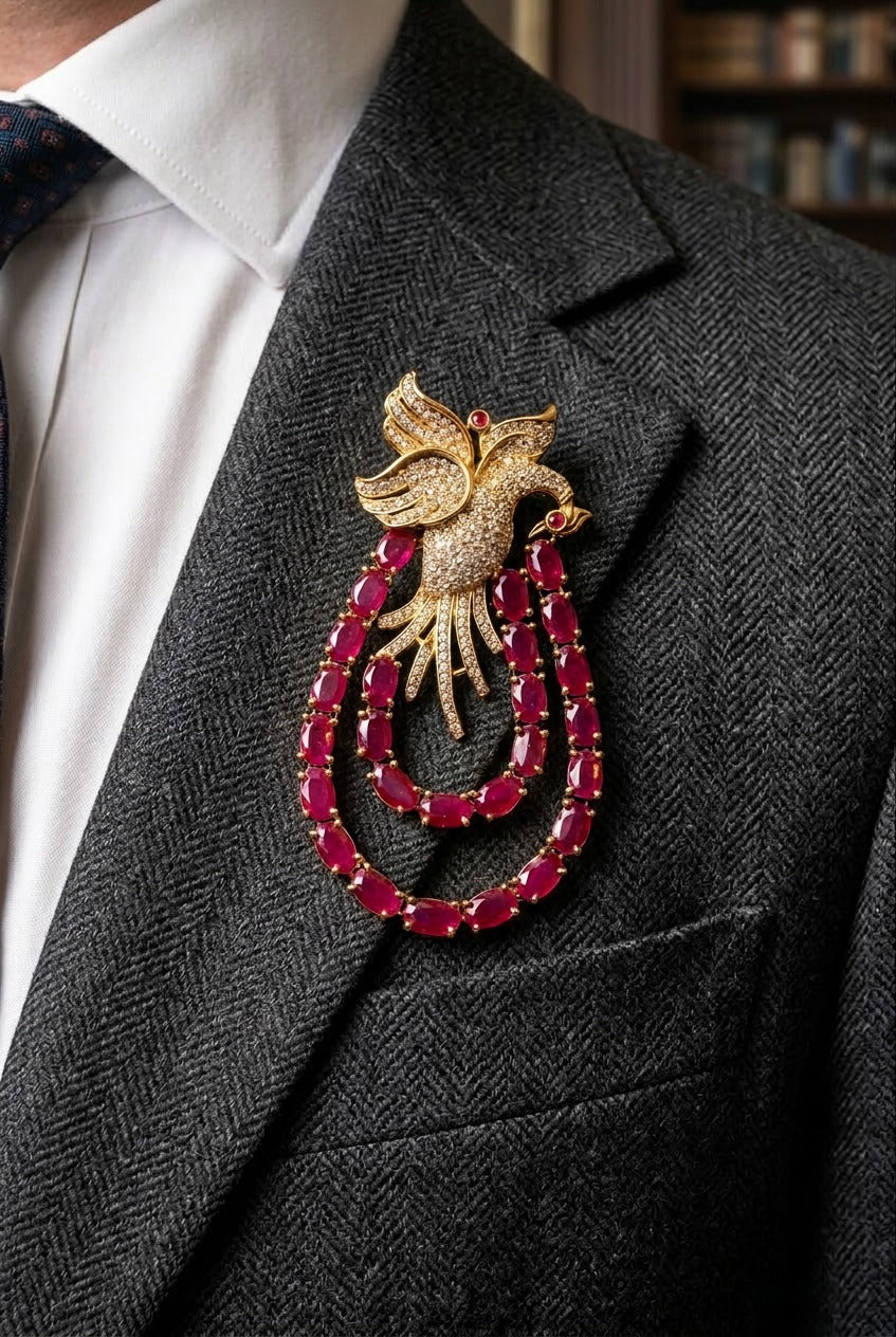 Flying Peacock Men's Brooch - Ruby Color - QUEENS JEWELS