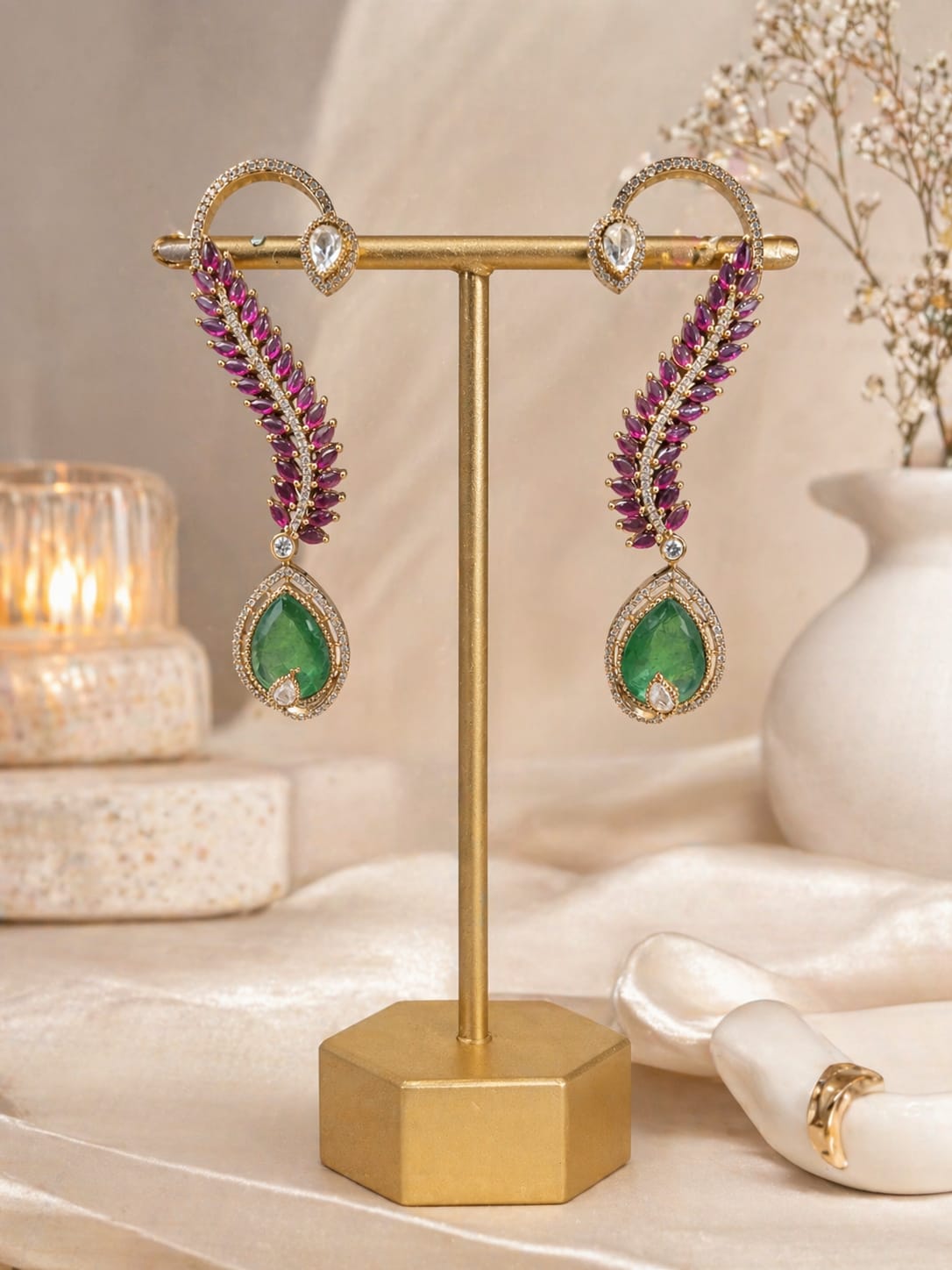 Emerald American Diamond Stud Earrings - QUEENS JEWELS 