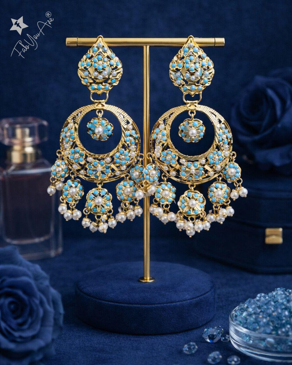 Noor Jadau Firoza Chandbali Earrings - QUEENS JEWELS 
