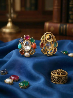 Multicolor Noor Oval Polki Lookalike Studs Earrings - QUEENS JEWELS 