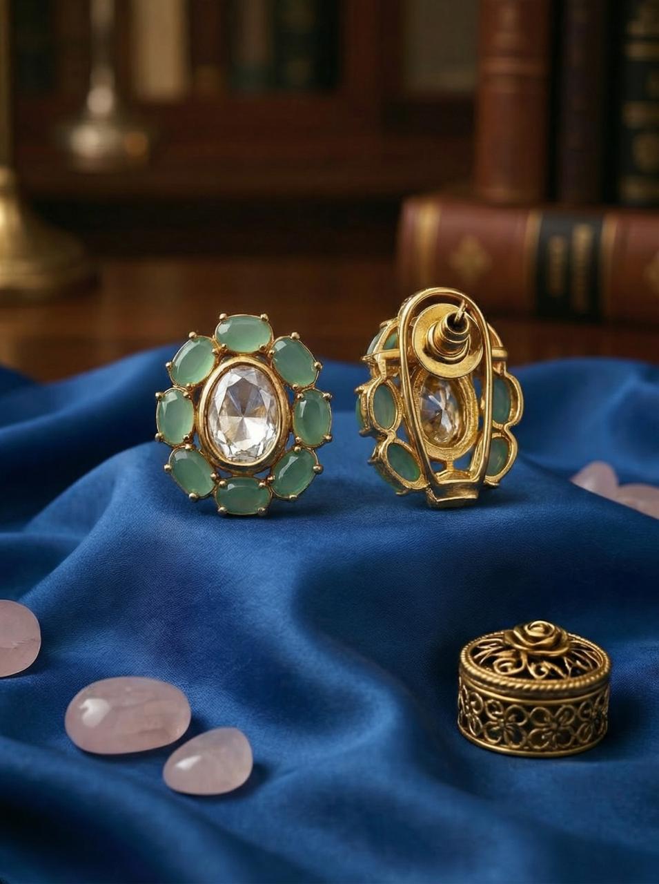 Mint Green Noor Oval Polki Lookalike Studs Earrings - QUEENS JEWELS 