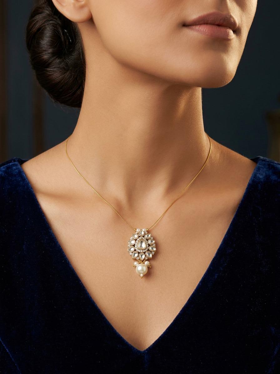 Moonlit Pearl Drop Victorian Polki Pendant - QUEENS JEWELS 