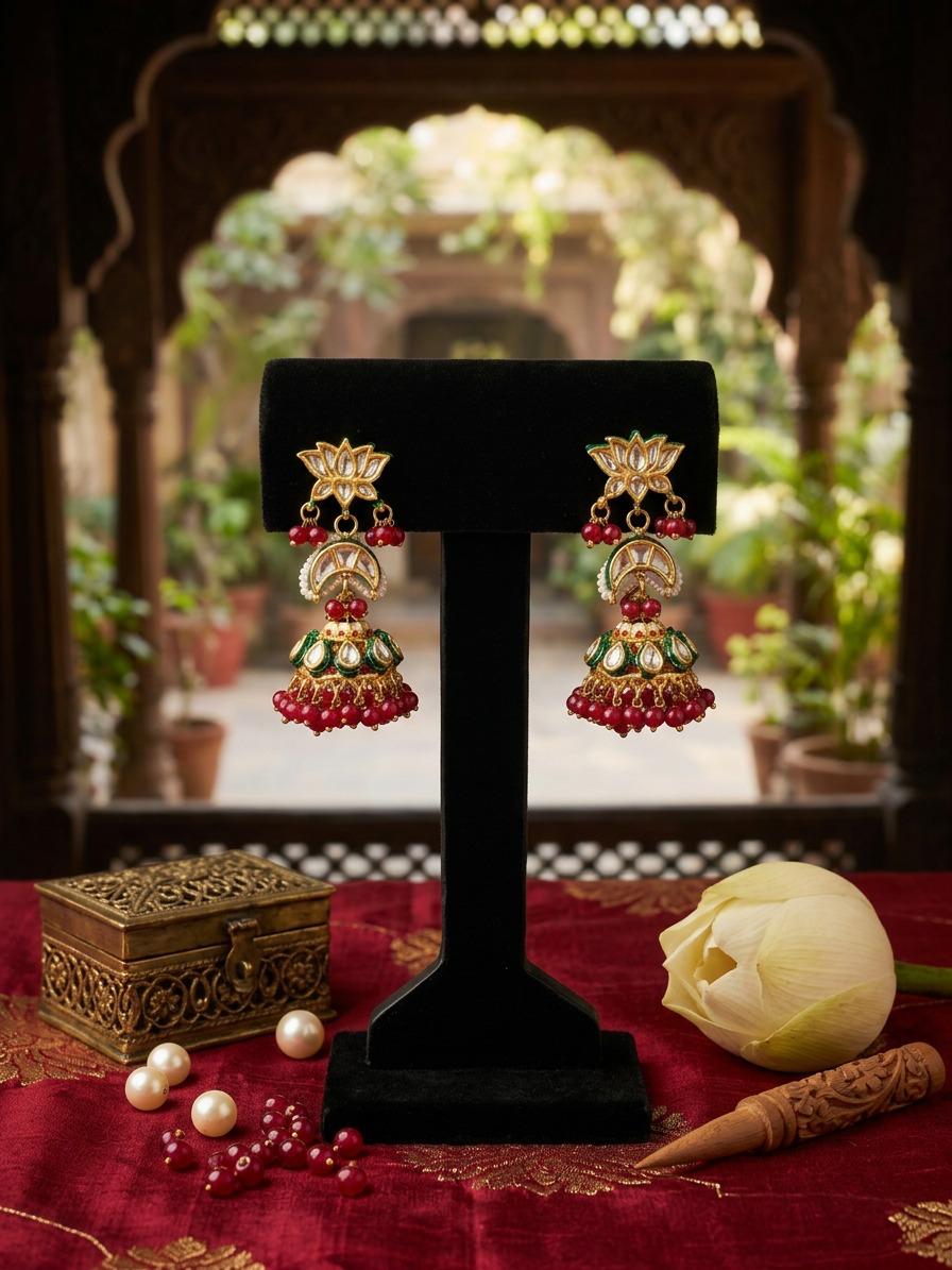 Zehra Ruby Red Kundan Jhumka Earrings - QUEENS JEWELS 