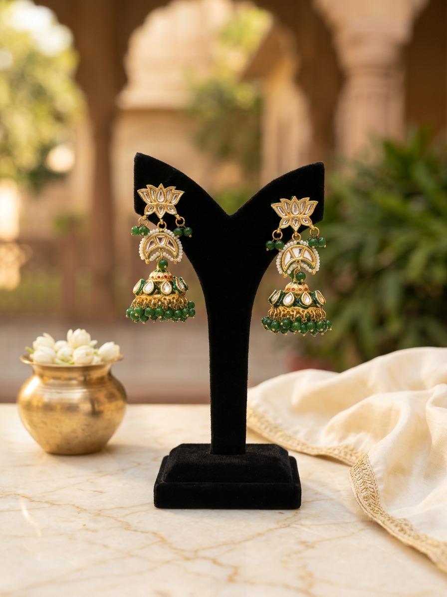 Zehra Green Kundan Jhumka Earrings - QUEENS JEWELS 