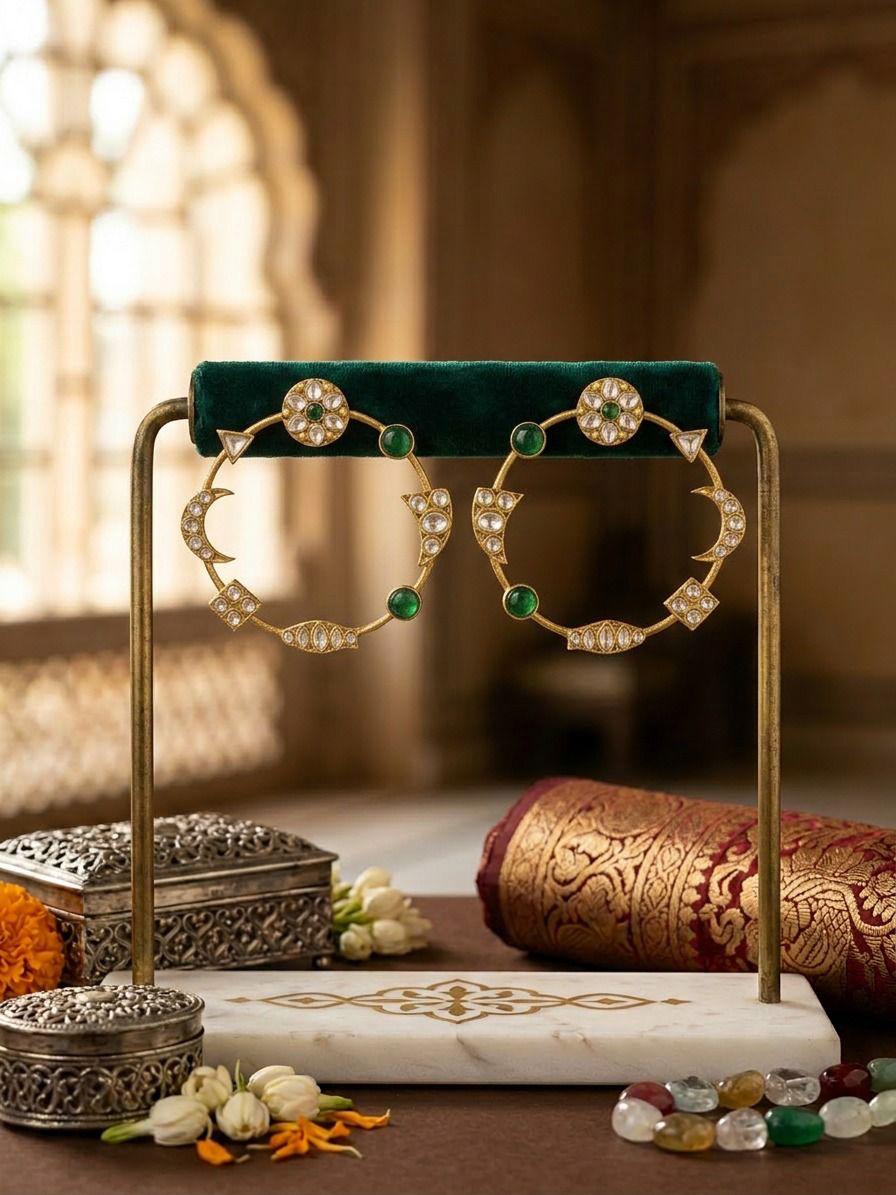 Emerald Noor Kundan Chakra Earrings - QUEENS JEWELS 