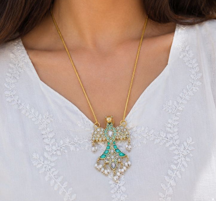Turquoise Blue Kundan Bird Necklace - QUEENS JEWELS 
