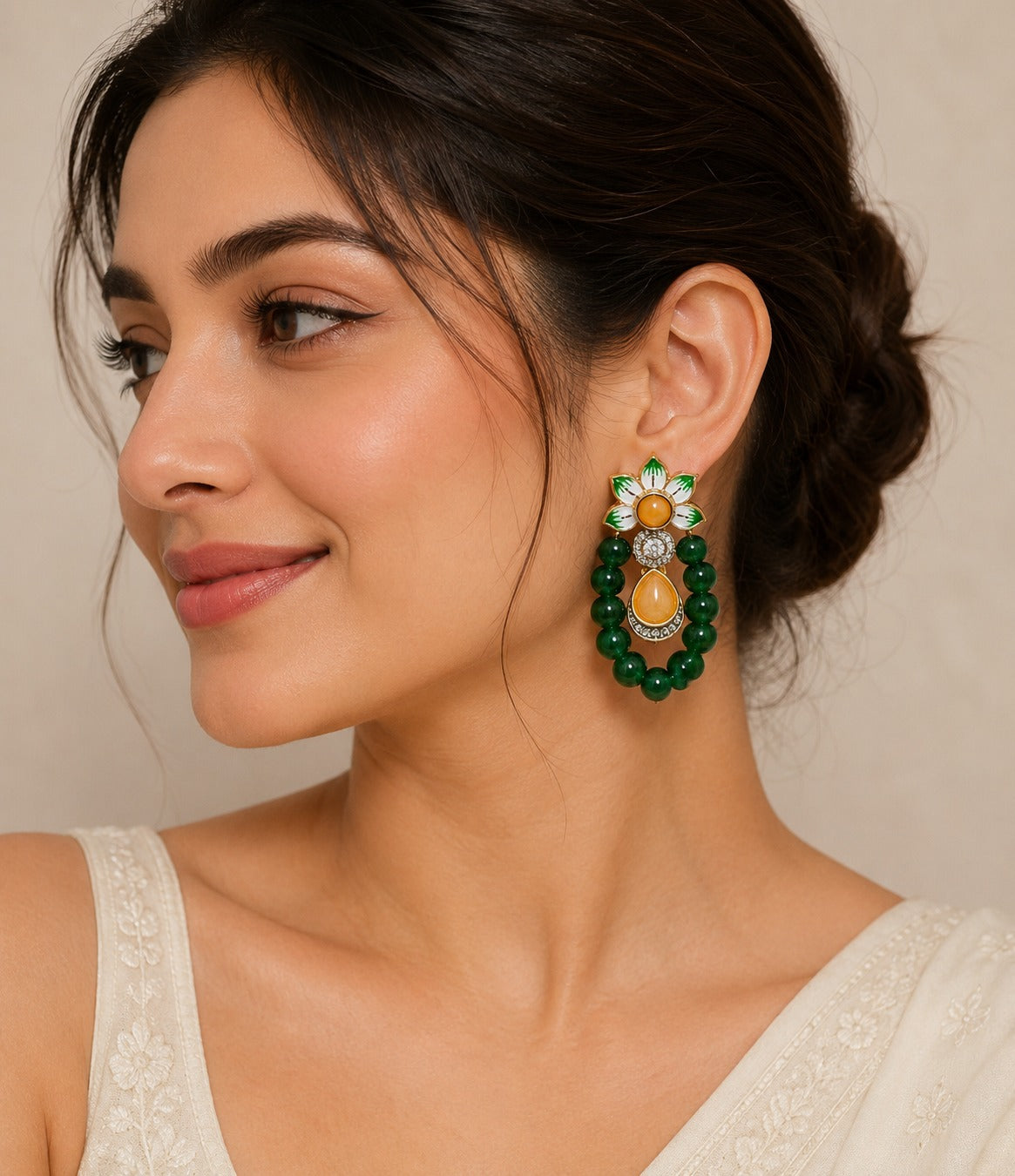 Emerald Colored Stone Meenakari Polki Earrings - QUEENS JEWELS 