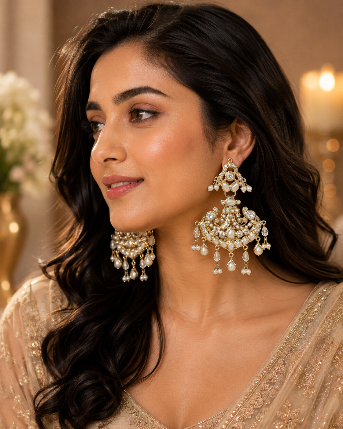 White Jadau Chandbali Earrings 
