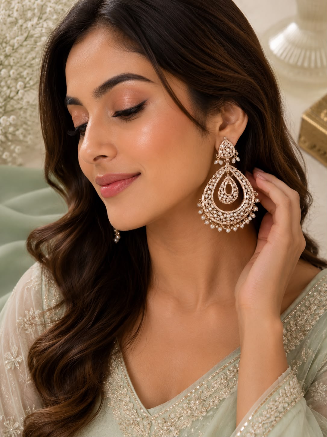 White Jadau Jhumka Chandbali Earrings