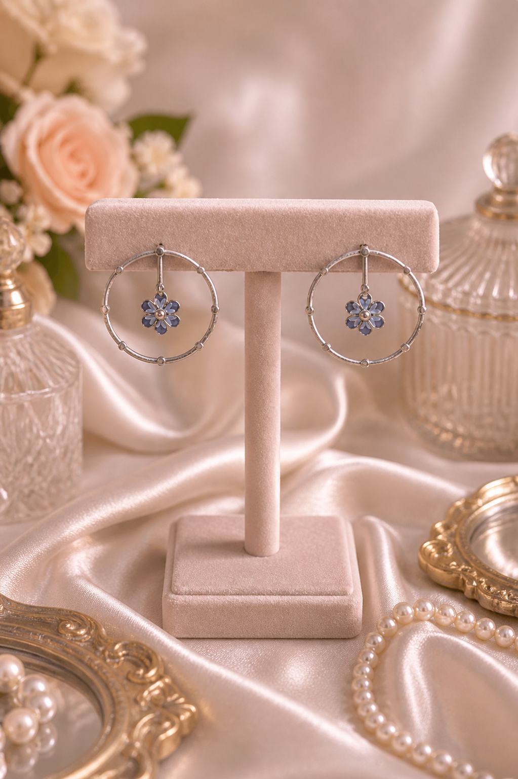 Blue Floral Oxidised Earrings - QUEENS JEWELS 