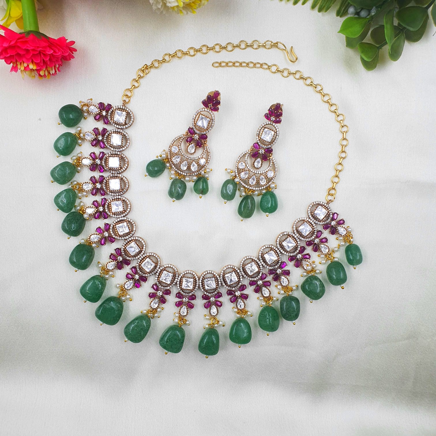 Victorian Style Kundan Necklace & Earring Set with Beryl Stone Drops - QUEENS JEWELS