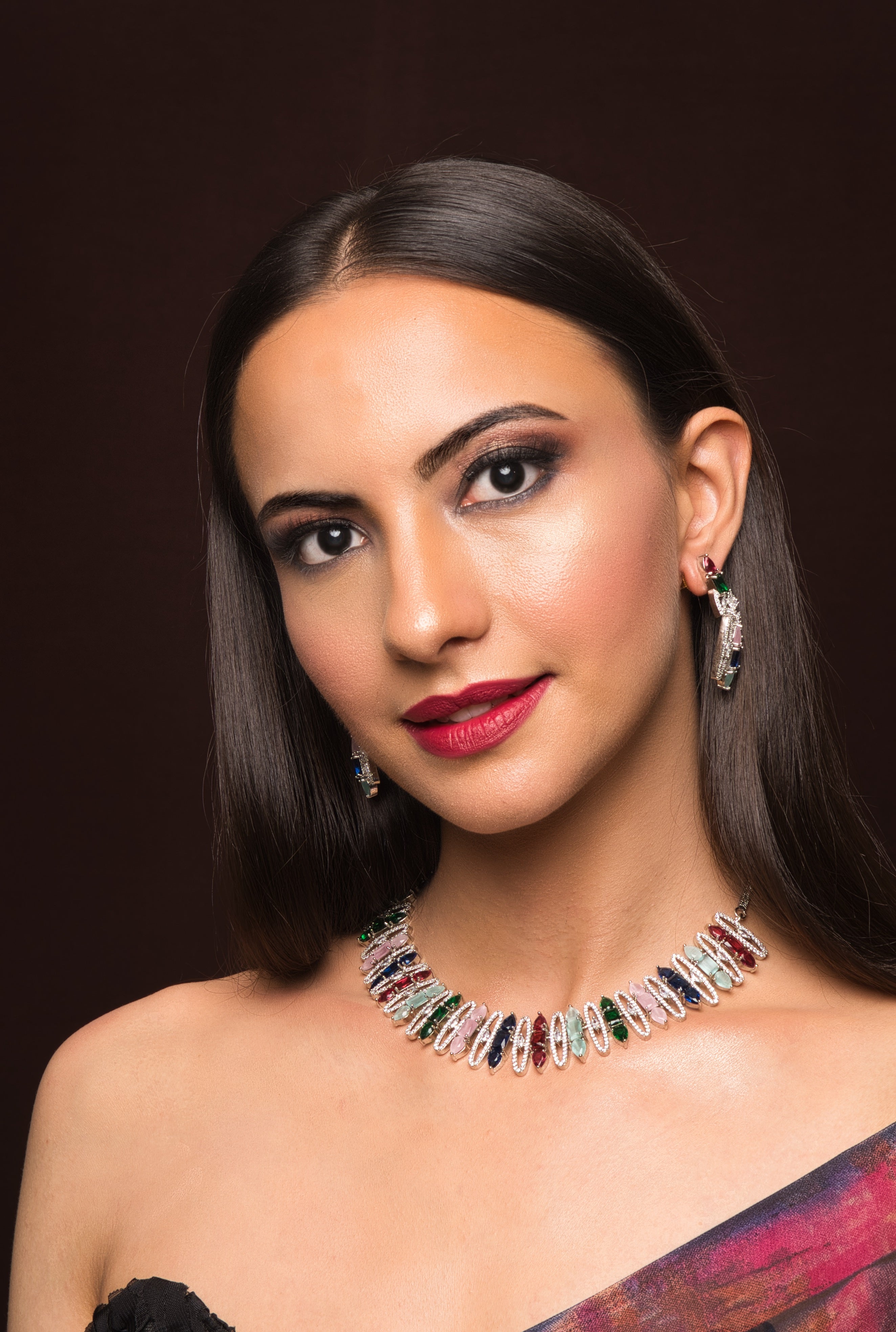 Afreya American Diamond Multicolour Necklace Set With Earrings - QUEENS JEWELS