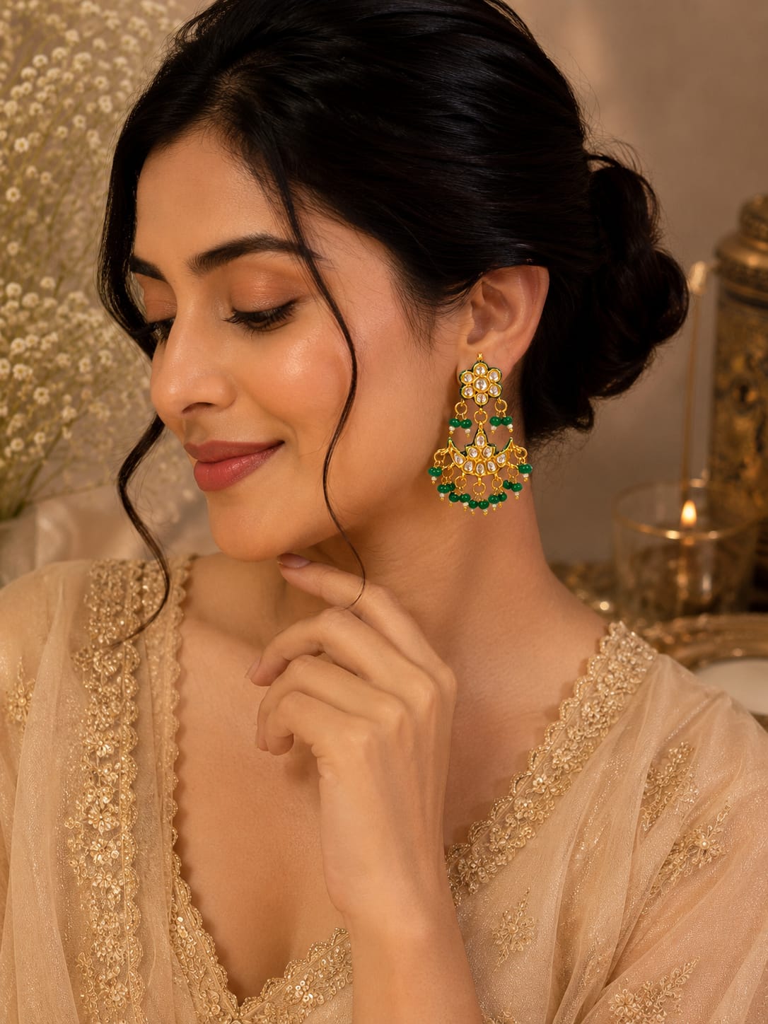 Jade Kundan Chaandbali Earrings - QUEENS JEWELS 