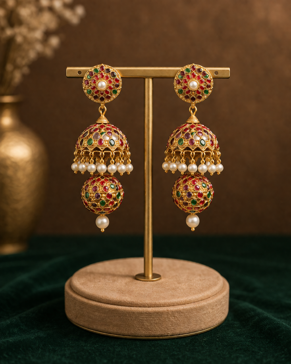 Heritage Sonamoti Navratan Jhumka - QUEENS JEWELS 