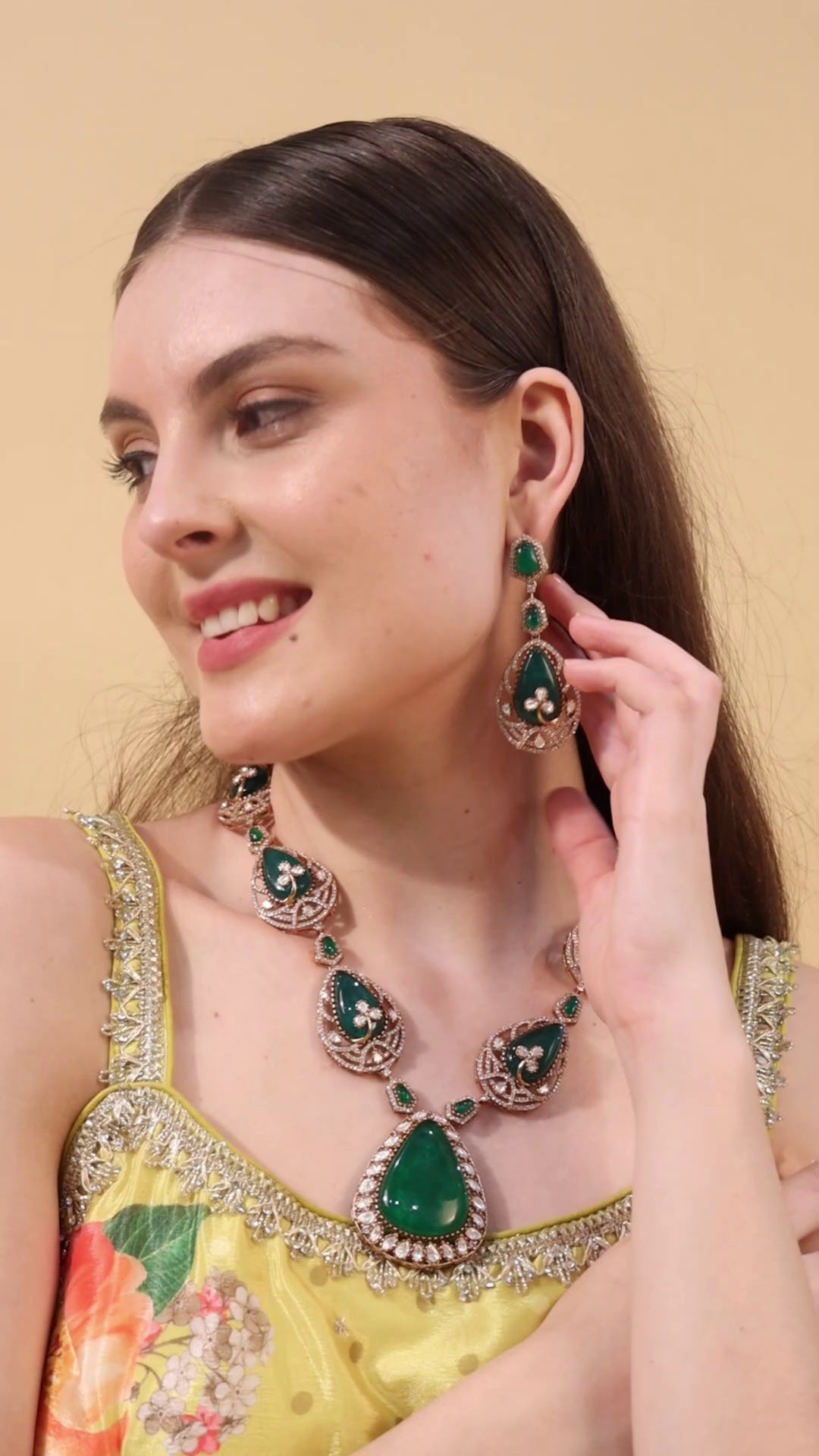 Bridal Emerald Green Kundan Necklace Set - Victorian Detailing - QUEENS JEWELS
