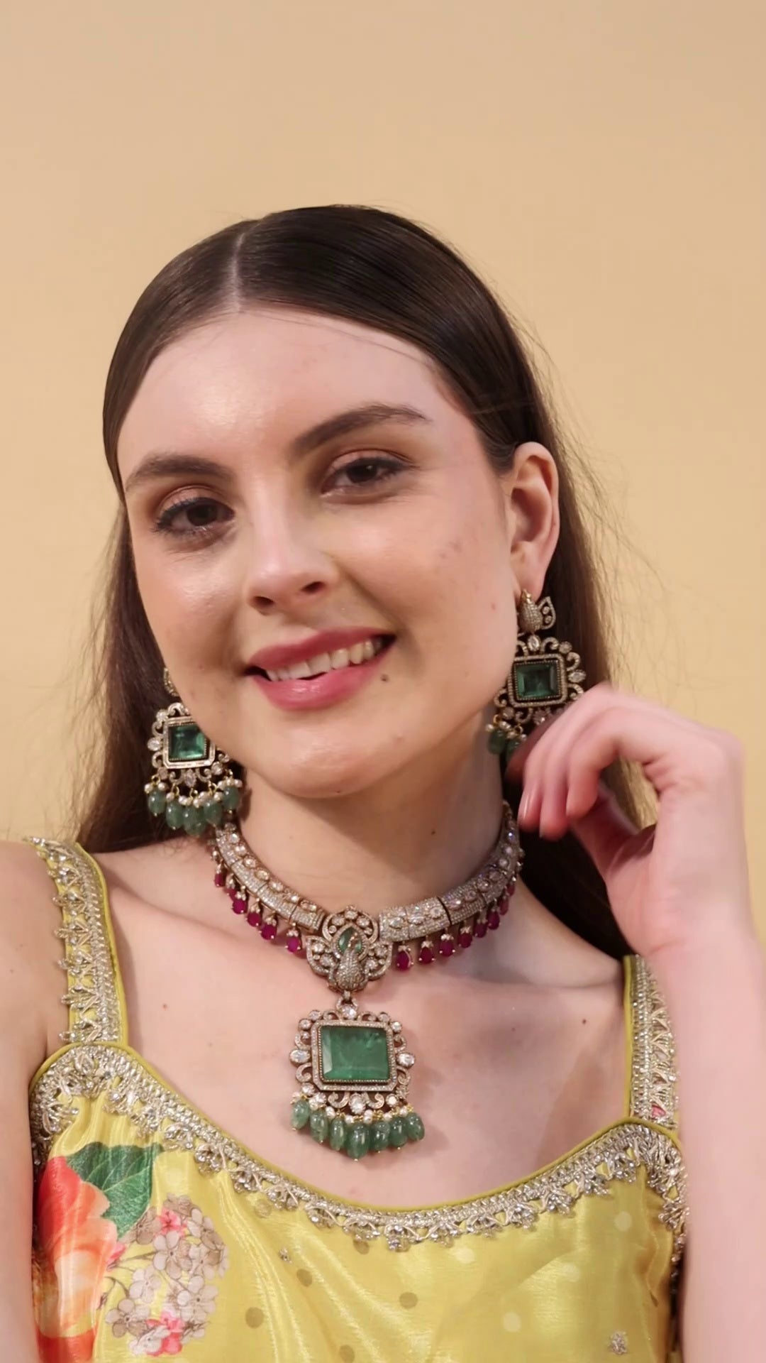 Bridesmaid Emerald Choker Set with Chaandbalis - QUEENS JEWELS