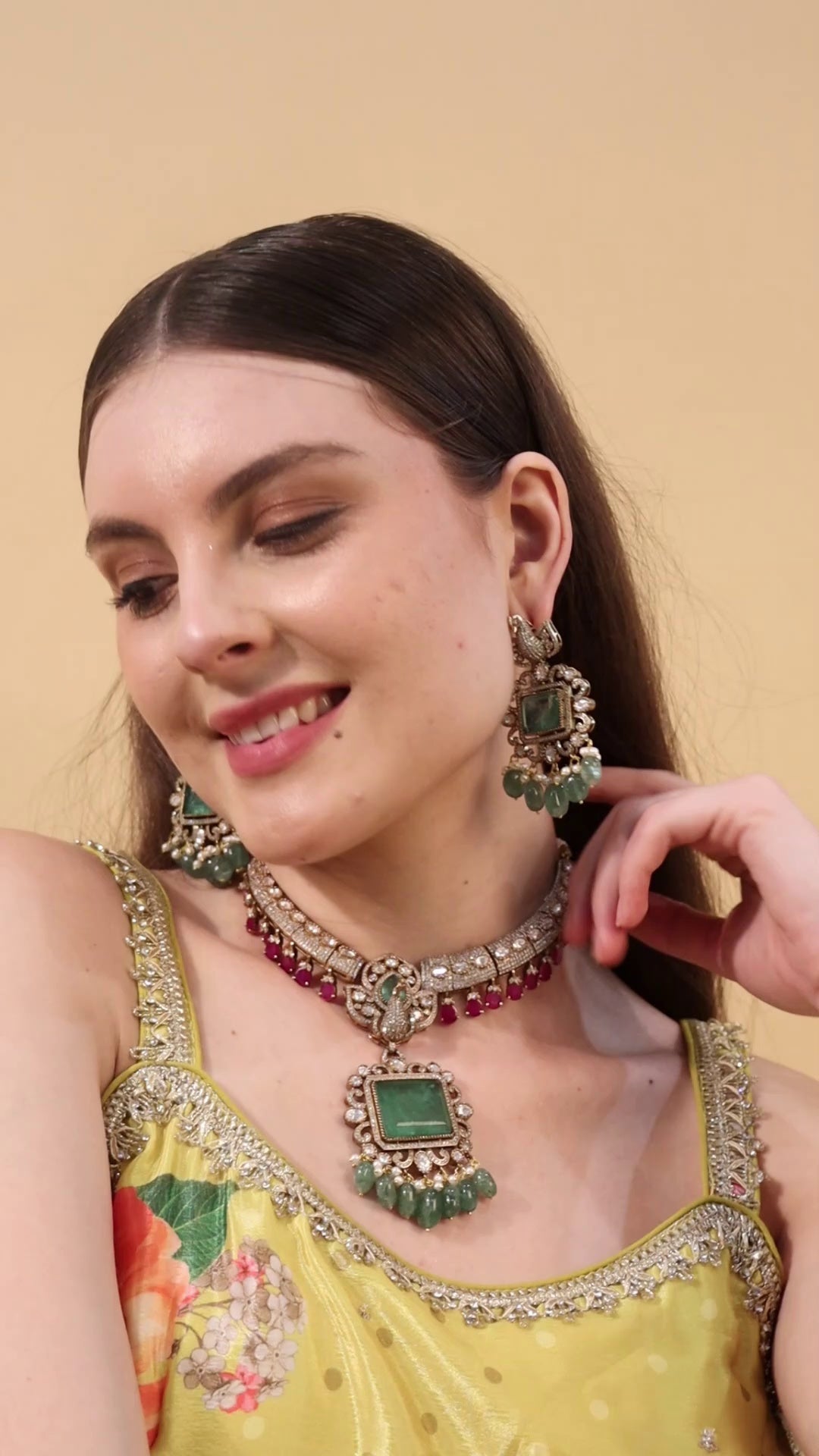 Bridesmaid Emerald Choker Set with Chaandbalis - QUEENS JEWELS