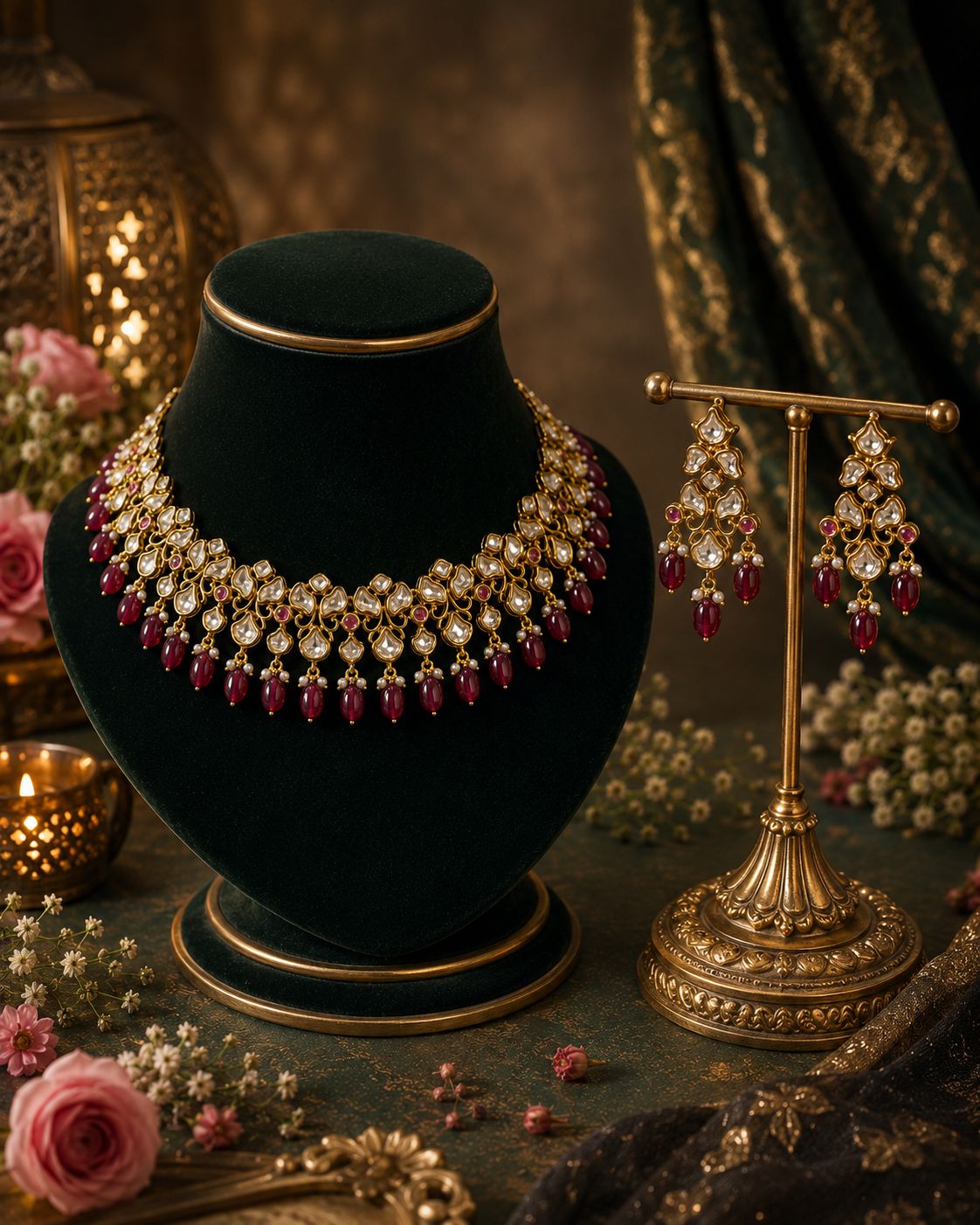 Rani Ruby Kundan Choker set with earrings-c