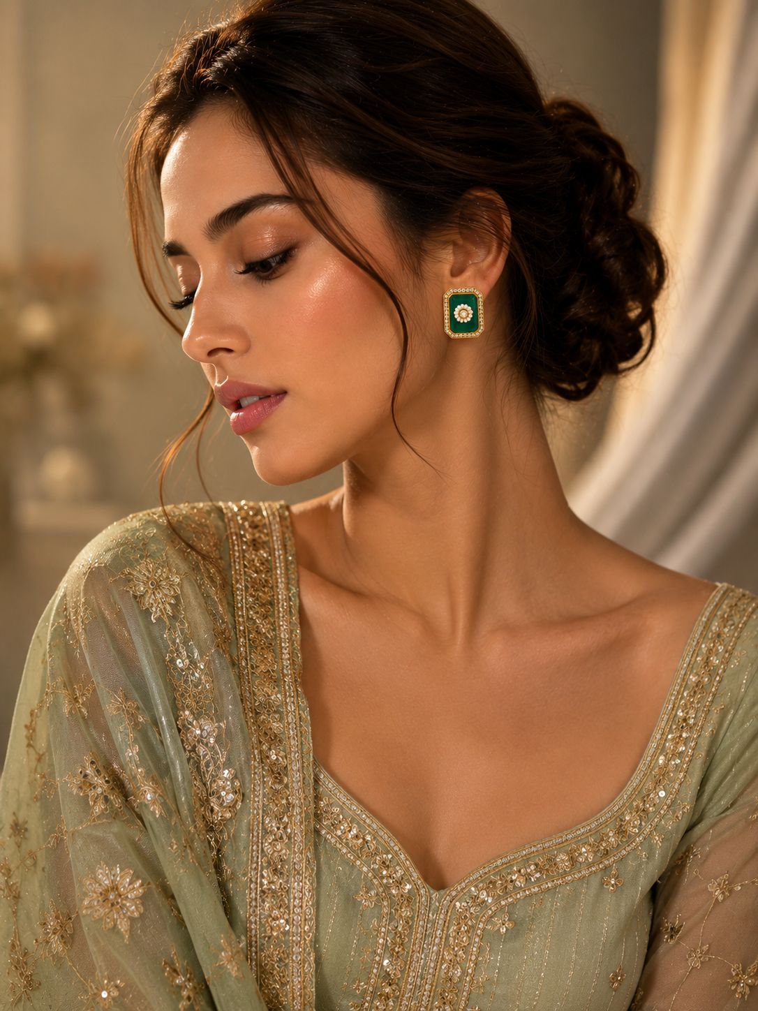 Green Polki Statement Stud Earrings - QUEENS JEWELS 