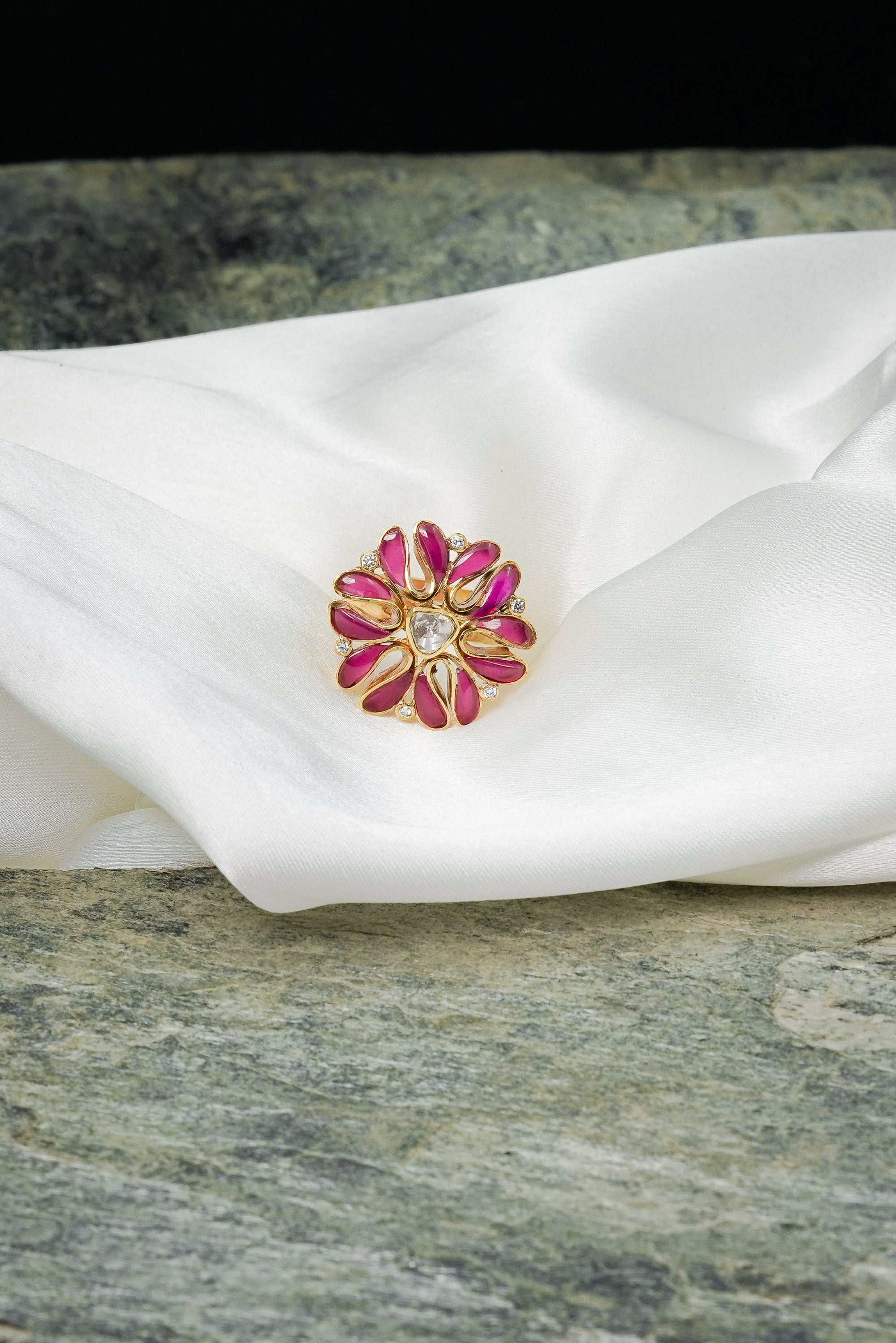 Gold Plated Floral Look Alike Ruby Red Kundan With White Stone Adjustable Ring 